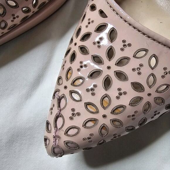 Prada Womens Vernice Cipria Blush Nude Pink Laser Cut Floral High Heels 38.5 - Picture 15 of 15